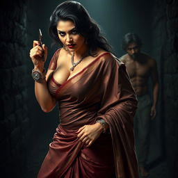 A sultry, hot, busty MILF aunty adorned in a beautiful saree with a low cut blouse, bent forward in an assertive and commanding pose