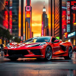A stunning front-engine Corvette C8 in a vibrant red color, parked in an urban setting during sunset