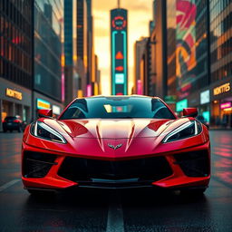 A stunning front-engine Corvette C8 in a vibrant red color, parked in an urban setting during sunset