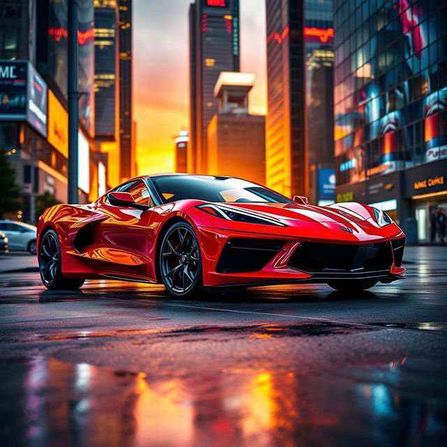 A stunning front-engine Corvette C8 in a vibrant red color, parked in an urban setting during sunset