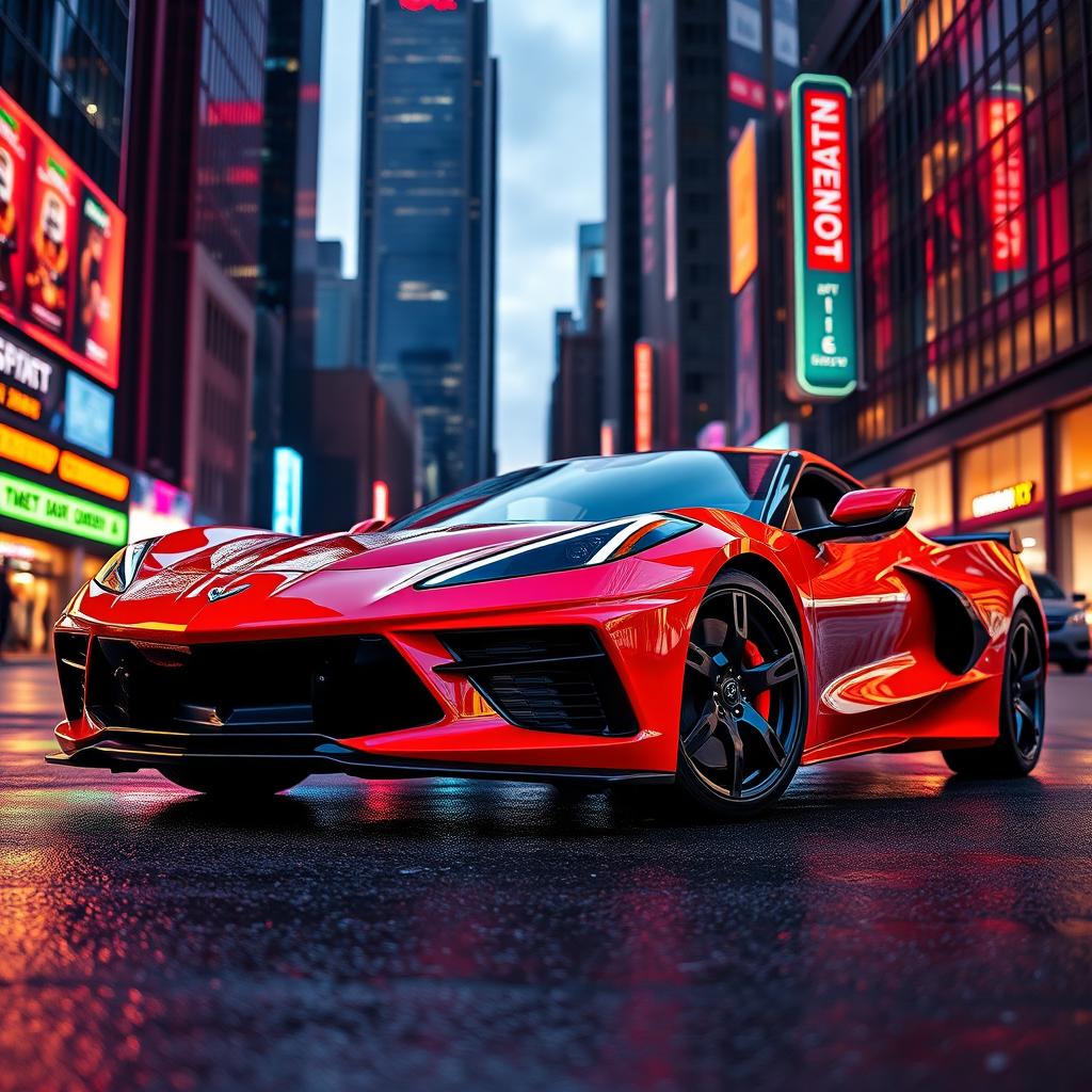 A stunning front-engine Corvette C8 in a vibrant red color, parked in an urban setting during sunset