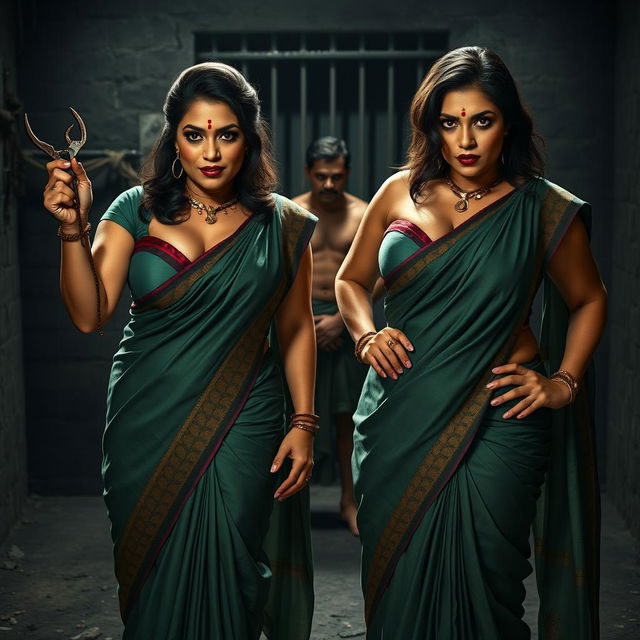 Two sexy, hot, busty MILF aunties dressed in stunning sarees with low cut blouses, showcasing their voluptuous figures