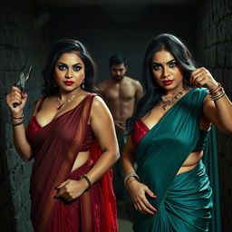 Two sexy, hot, busty MILF aunties dressed in stunning sarees with low cut blouses, showcasing their voluptuous figures