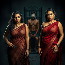 Two sexy, hot, busty MILF aunties dressed in elegant sarees with low cut blouses, showcasing their voluptuous figures