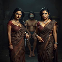 Two sexy, hot, busty MILF aunties dressed in elegant sarees with low cut blouses, showcasing their voluptuous figures