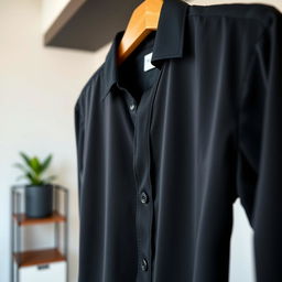 A stylish black shirt, elegantly designed, hanging on a wooden hanger in a well-lit room