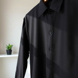 A stylish black shirt, elegantly designed, hanging on a wooden hanger in a well-lit room