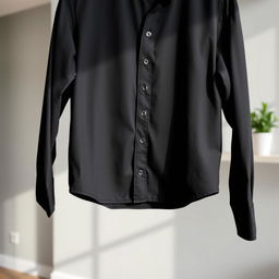 A stylish black shirt, elegantly designed, hanging on a wooden hanger in a well-lit room