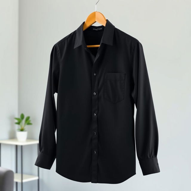 A stylish black shirt, elegantly designed, hanging on a wooden hanger in a well-lit room