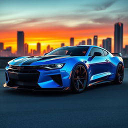 A futuristic concept car showcasing the merging design elements of a Camaro and a Mustang, designed for 2026