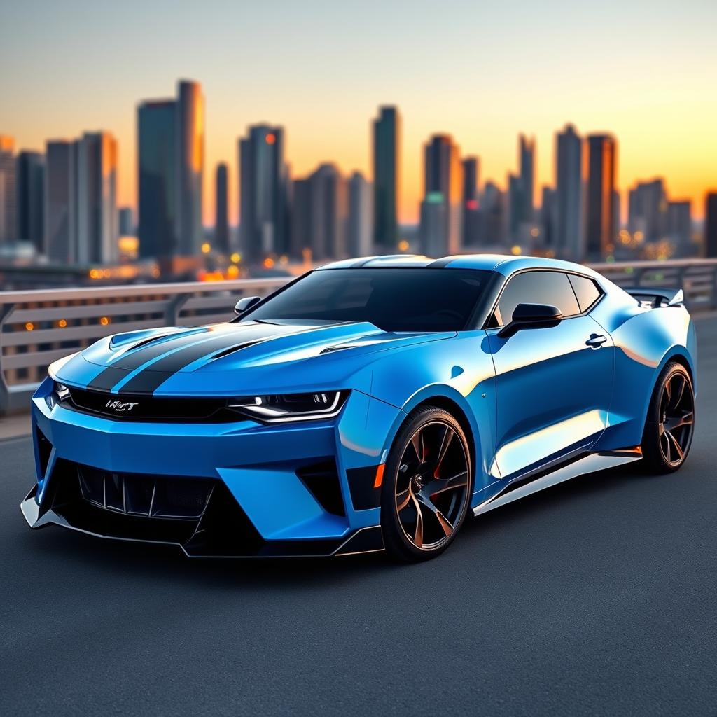 A futuristic concept car showcasing the merging design elements of a Camaro and a Mustang, designed for 2026