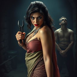 A stunningly sexy and hot busty MILF aunty bent forward, showcasing her voluptuous figure in a beautiful saree featuring a low cut blouse