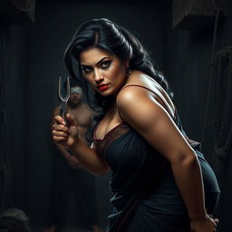 A stunningly sexy and hot busty MILF aunty bent forward, showcasing her voluptuous figure in a beautiful saree featuring a low cut blouse