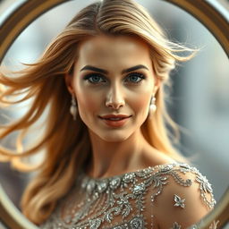 A close-up of an elegant and sophisticated woman with flowing golden hair, wearing a sparkling, intricately designed gown