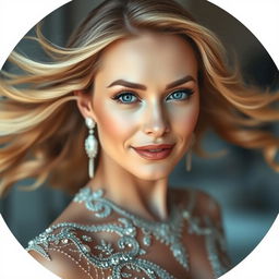 A close-up of an elegant and sophisticated woman with flowing golden hair, wearing a sparkling, intricately designed gown