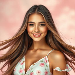 A stunning portrait of a beautiful young woman with long flowing hair, set against a dreamy pastel background