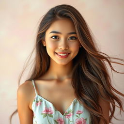 A stunning portrait of a beautiful young woman with long flowing hair, set against a dreamy pastel background
