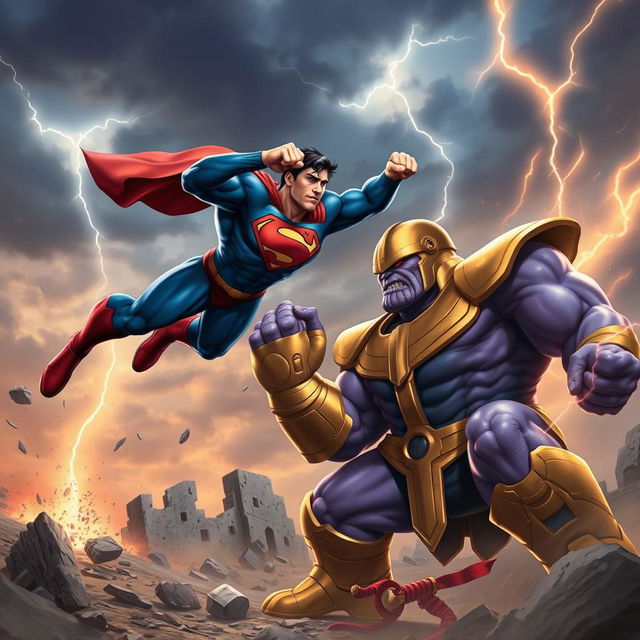 A dynamic battle scene depicting Superman and Thanos in an epic confrontation