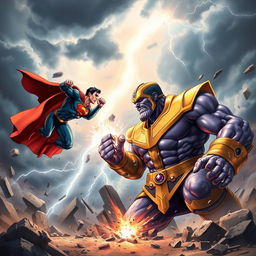 A dynamic battle scene depicting Superman and Thanos in an epic confrontation