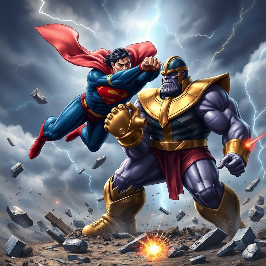 A dynamic battle scene depicting Superman and Thanos in an epic confrontation