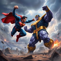 A dynamic battle scene depicting Superman and Thanos in an epic confrontation