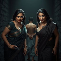 Two sexy, hot, and beautiful busty MILF aunties bent forward, each wearing a stunning saree with low cut blouses that accentuate their voluptuous figures