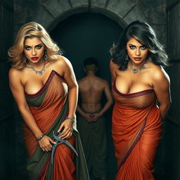Two sexy, hot, and beautiful busty MILF aunties bent forward, each wearing a stunning saree with low cut blouses that accentuate their voluptuous figures