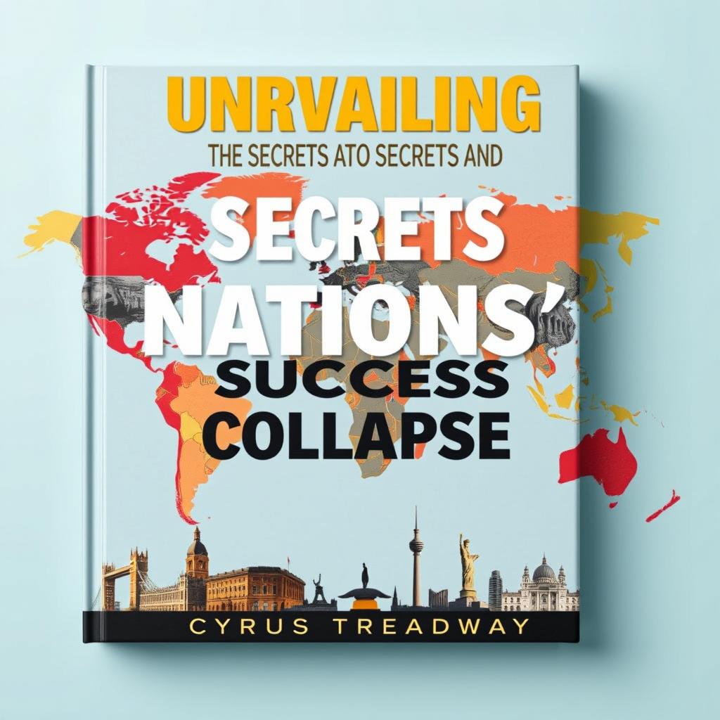 A flat book cover design titled 'Unraveling the Secrets to Nations' Success and Collapse' by Cyrus Treadway