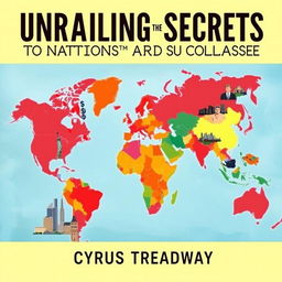 A flat book cover design titled 'Unraveling the Secrets to Nations' Success and Collapse' by Cyrus Treadway