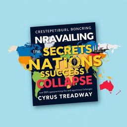 A flat book cover design titled 'Unraveling the Secrets to Nations' Success and Collapse' by Cyrus Treadway