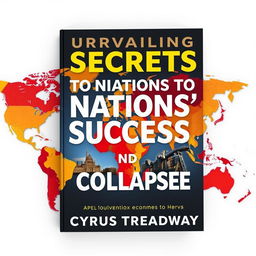 A flat book cover design titled 'Unraveling the Secrets to Nations' Success and Collapse' by Cyrus Treadway