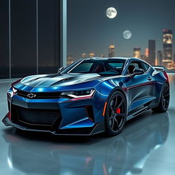 A futuristic concept car combining the design elements of a Chevrolet Camaro and a Ford Mustang Dark Horse, set in a sleek, modern environment