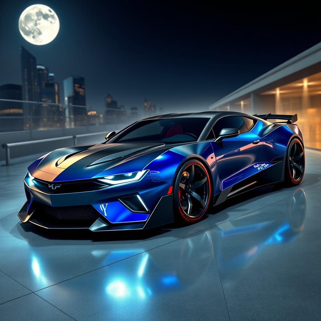 A futuristic concept car combining the design elements of a Chevrolet Camaro and a Ford Mustang Dark Horse, set in a sleek, modern environment