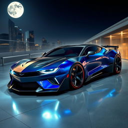 A futuristic concept car combining the design elements of a Chevrolet Camaro and a Ford Mustang Dark Horse, set in a sleek, modern environment