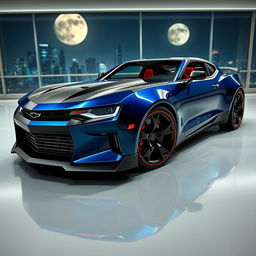 A futuristic concept car combining the design elements of a Chevrolet Camaro and a Ford Mustang Dark Horse, set in a sleek, modern environment