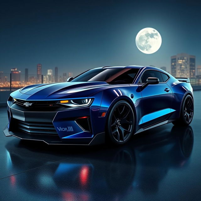 A futuristic concept car combining the design elements of a Chevrolet Camaro and a Ford Mustang Dark Horse, set in a sleek, modern environment