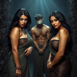 Two sexy, hot, busty beautiful milfs with voluptuous figures, bent forward in a provocative manner