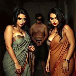 Two sexy, hot, busty beautiful milfs with voluptuous figures, bent forward in a provocative manner