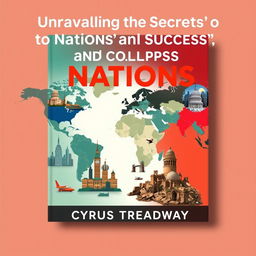A flat book cover design titled 'Unraveling the Secrets to Nations' Success and Collapse' by Cyrus Treadway