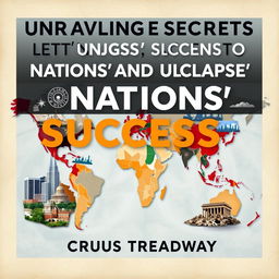 A flat book cover design titled 'Unraveling the Secrets to Nations' Success and Collapse' by Cyrus Treadway