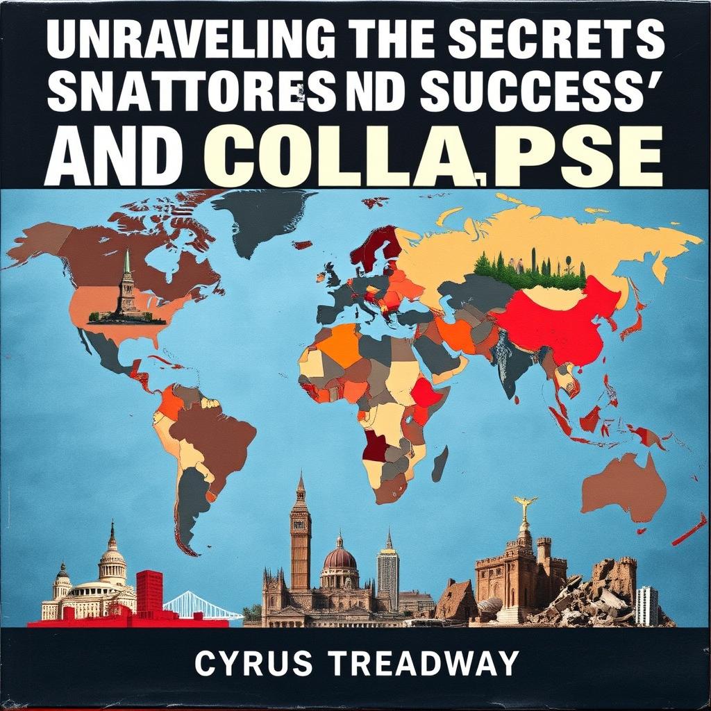 A flat book cover design titled 'Unraveling the Secrets to Nations' Success and Collapse' by Cyrus Treadway