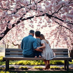 A serene scene of a father, mother, and their son sitting closely on a wooden bench under a beautiful cherry tree in full bloom