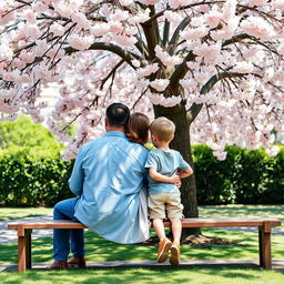 A serene scene of a father, mother, and their son sitting closely on a wooden bench under a beautiful cherry tree in full bloom