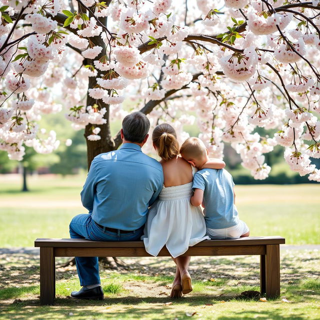 A serene scene of a father, mother, and their son sitting closely on a wooden bench under a beautiful cherry tree in full bloom