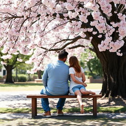 A serene scene of a father, mother, and their son sitting closely on a wooden bench under a beautiful cherry tree in full bloom