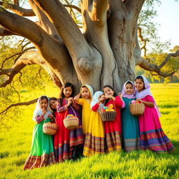 Seven girls wearing traditional Yemeni attire, each dressed in vibrant, colorful dresses that intricately reflect Yemeni culture
