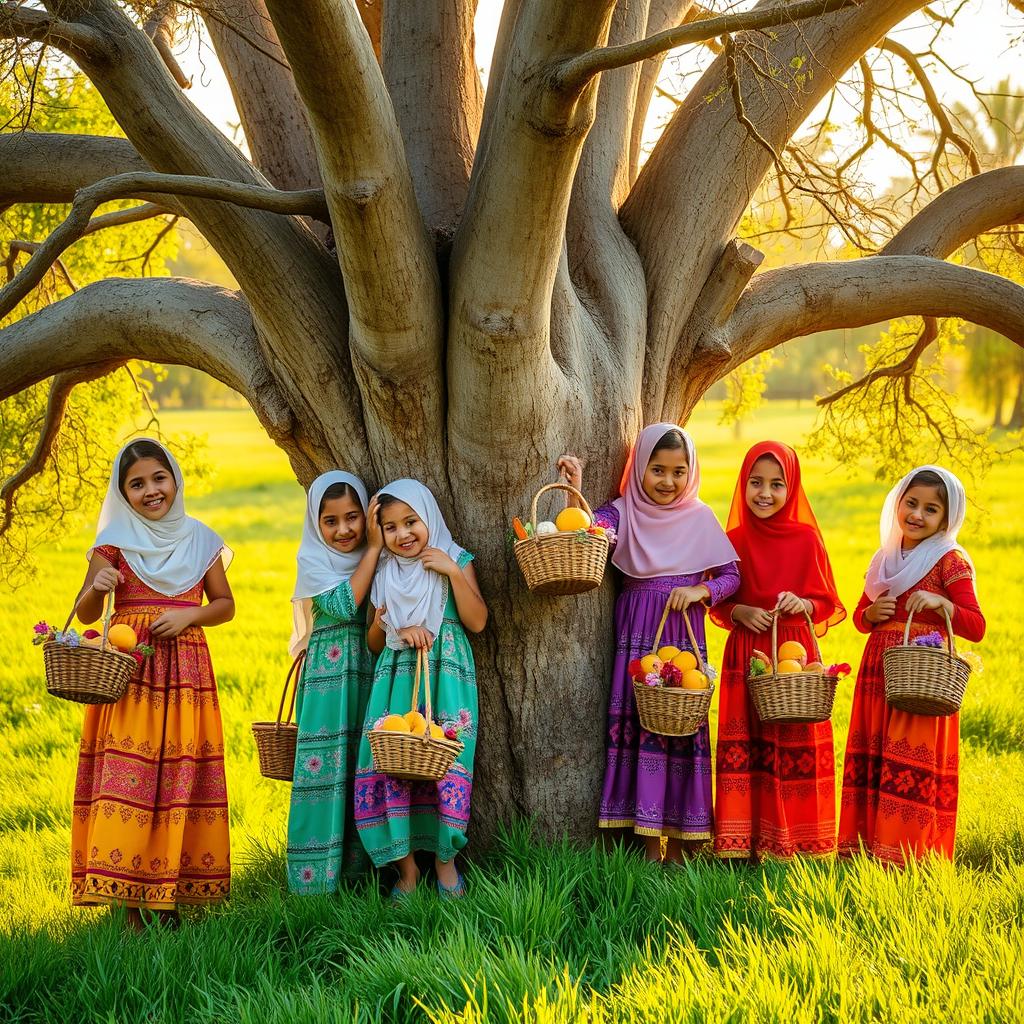 Seven girls wearing traditional Yemeni attire, each dressed in vibrant, colorful dresses that intricately reflect Yemeni culture