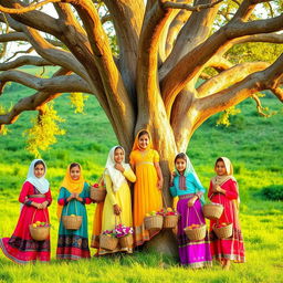 Seven girls wearing traditional Yemeni attire, each dressed in vibrant, colorful dresses that intricately reflect Yemeni culture