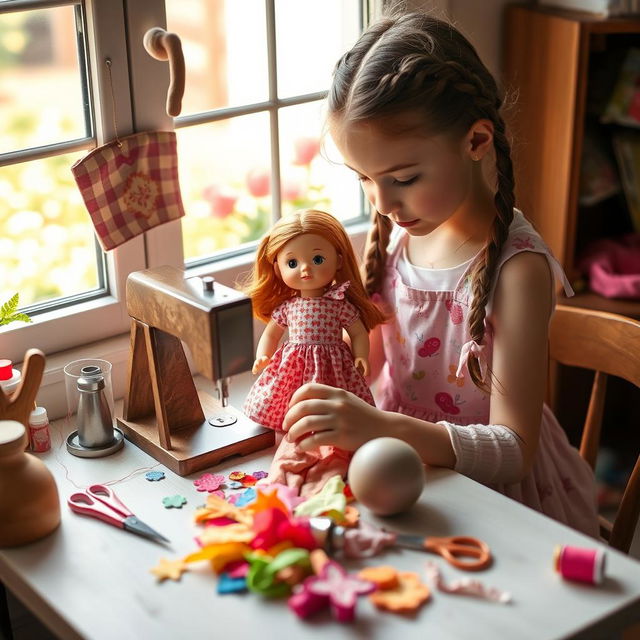 A young girl focused on sewing a doll's dress, sitting at a quaint sewing table surrounded by colorful fabric pieces, scissors, and threads