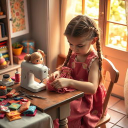 A young girl focused on sewing a doll's dress, sitting at a quaint sewing table surrounded by colorful fabric pieces, scissors, and threads